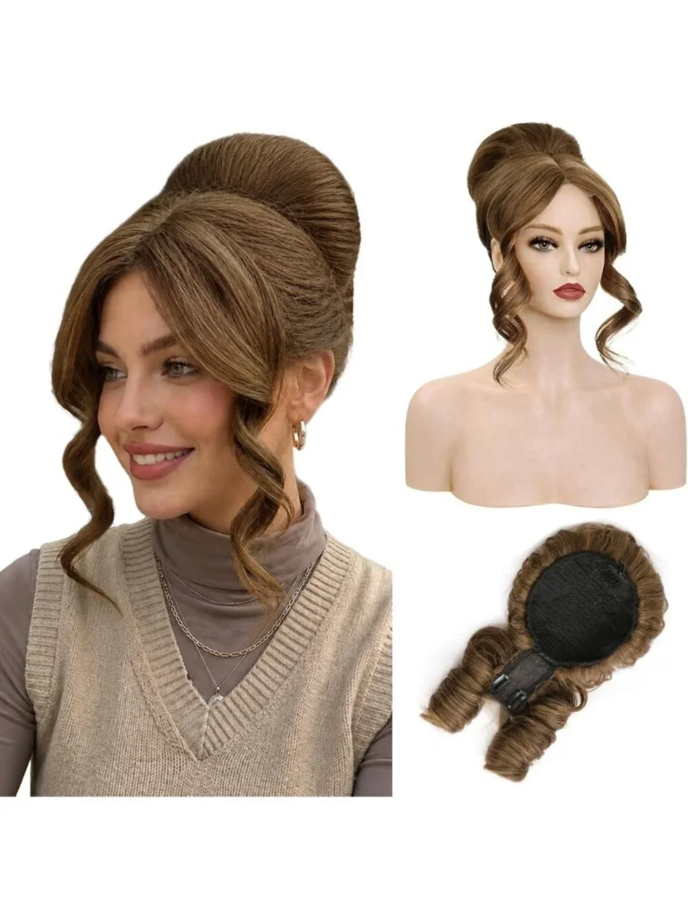 Light Brown Updo Wig with Bangs | Messy Bun Hair Piece for Effortless Style